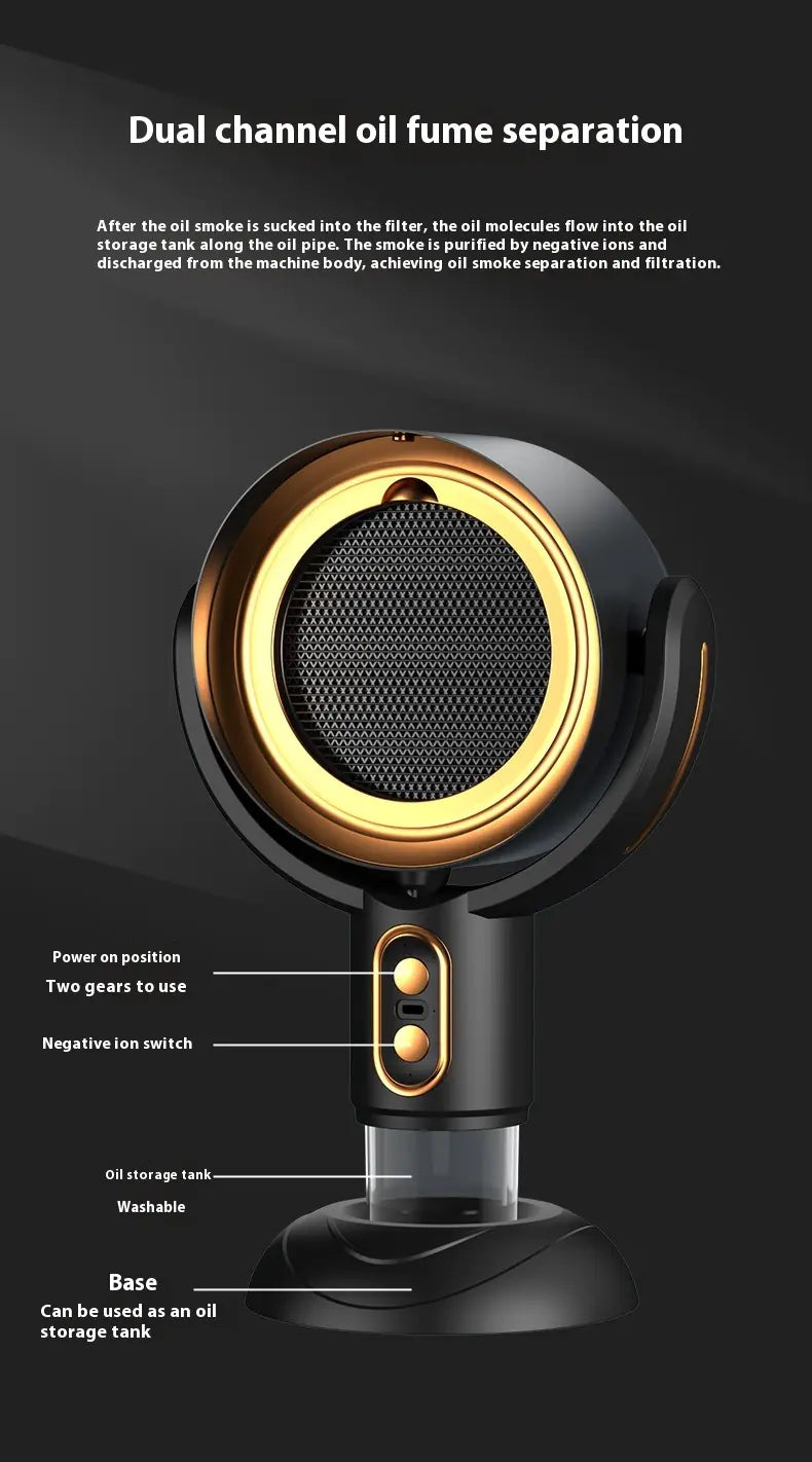 Black and gold oil fume separator with features highlighted on a dark background