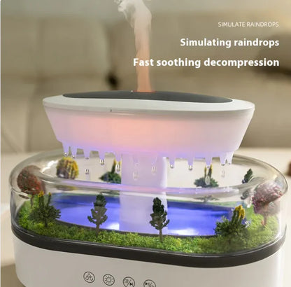 Futuristic device simulating raindrops with a scenic display, labeled for soothing decompression.