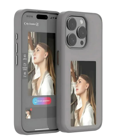 Smartphone case with screen projection feature on a white background