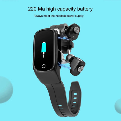 Black wireless earbuds with a smartwatch on a light blue background, highlighting battery capacity.
