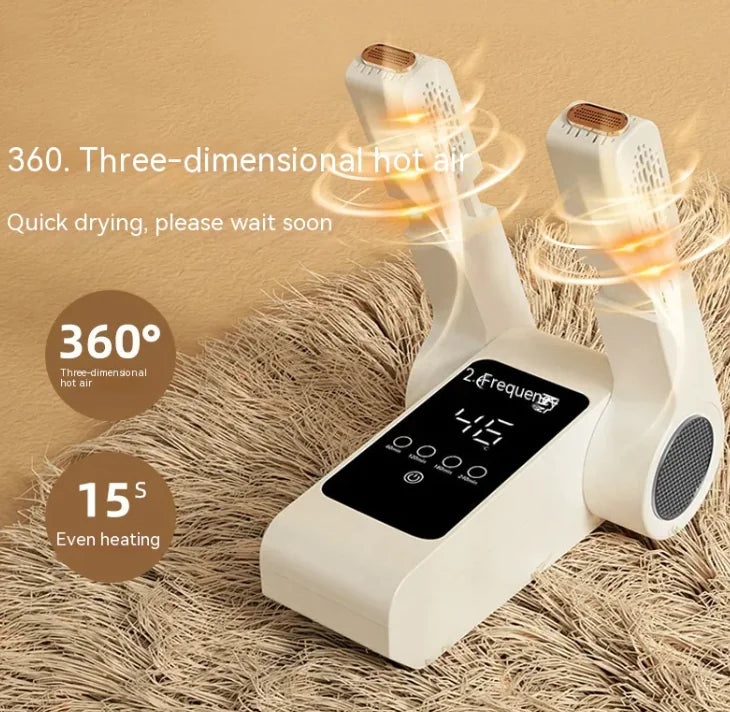 White shoe dryer with digital display on a textured surface, featuring text about drying time and features.