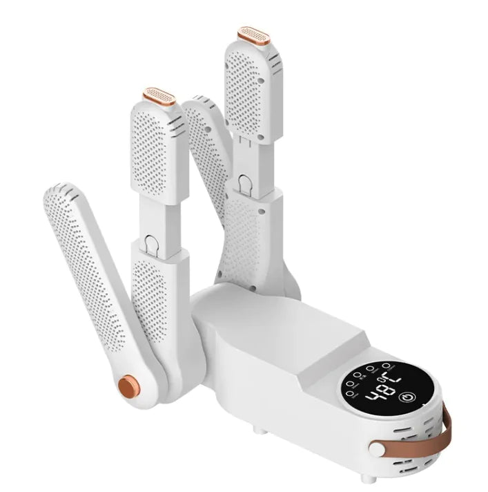 White shoe dryer with digital display on a white background