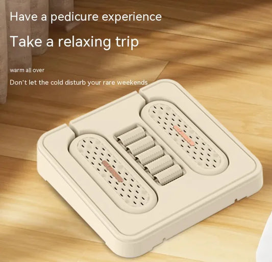 Foot warmer device on a wooden floor with promotional text.
