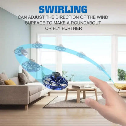 Hand holding a swirling device with text explaining its function in a living room setting.
