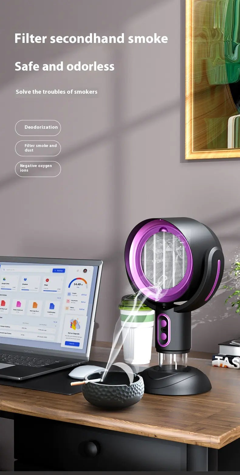 Air purifier on a desk with a laptop and plant in the background, labeled 'Filter secondhand smoke Safe and odorless'.