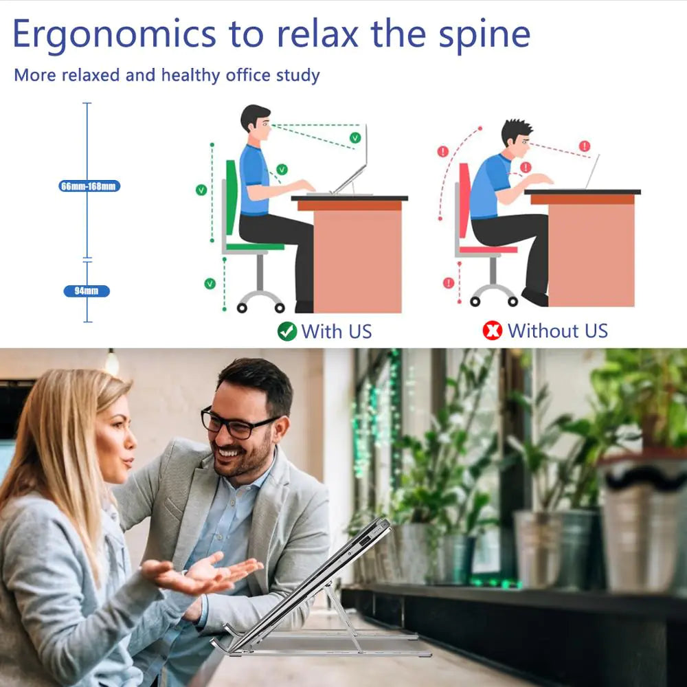 Ergonomic office setup with text on screen and two people working together.