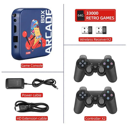 Game console with controllers, power cable, and extension cable on a white background