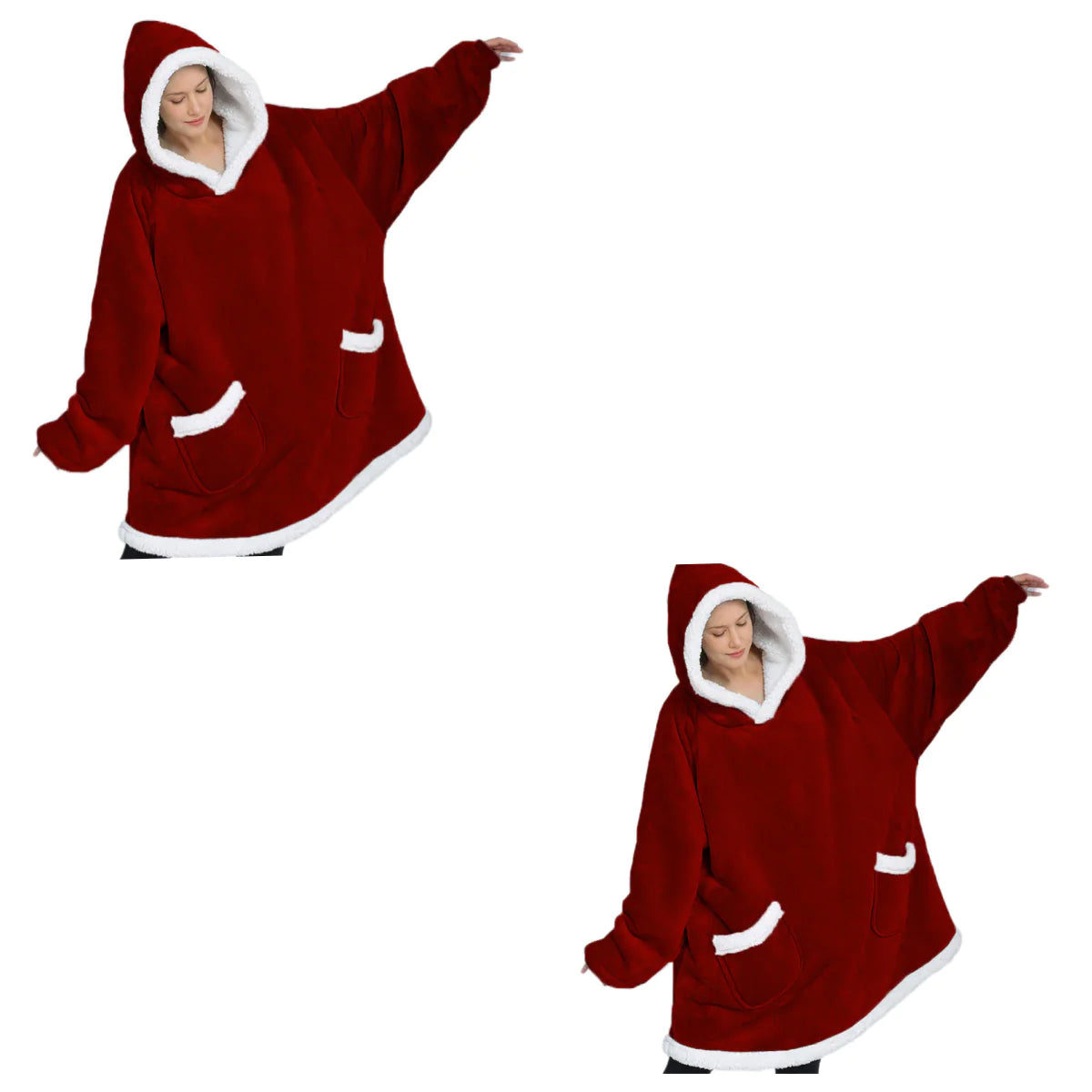 Red hoodie with white trim worn by a person on a white background