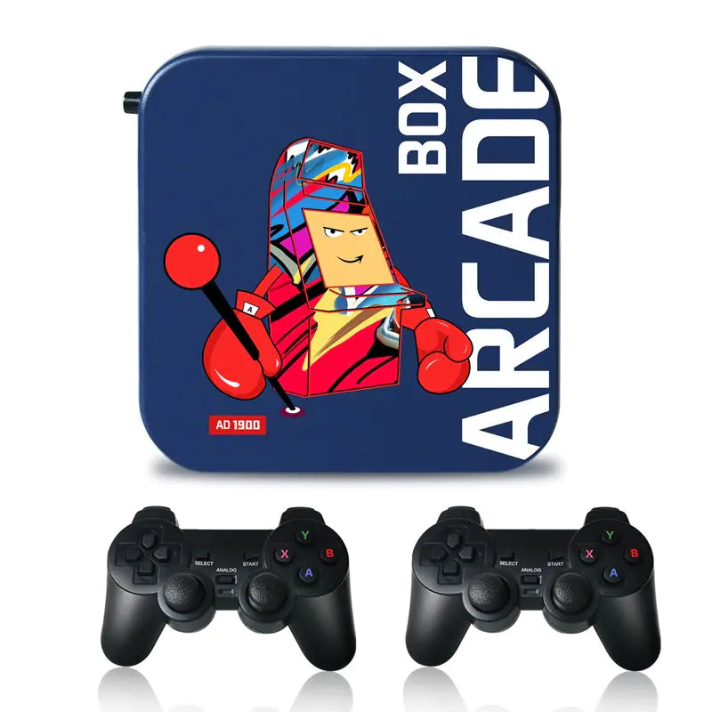 Gaming console with 'Box Arcade' design and two controllers on a white background