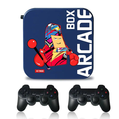 Gaming console with 'Box Arcade' design and two controllers on a white background