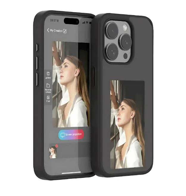 Phone case with a screen magnification feature showing a woman on a phone call.