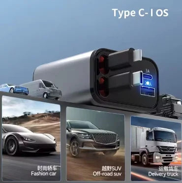 Car charging adapter with images of cars and trucks in the background
