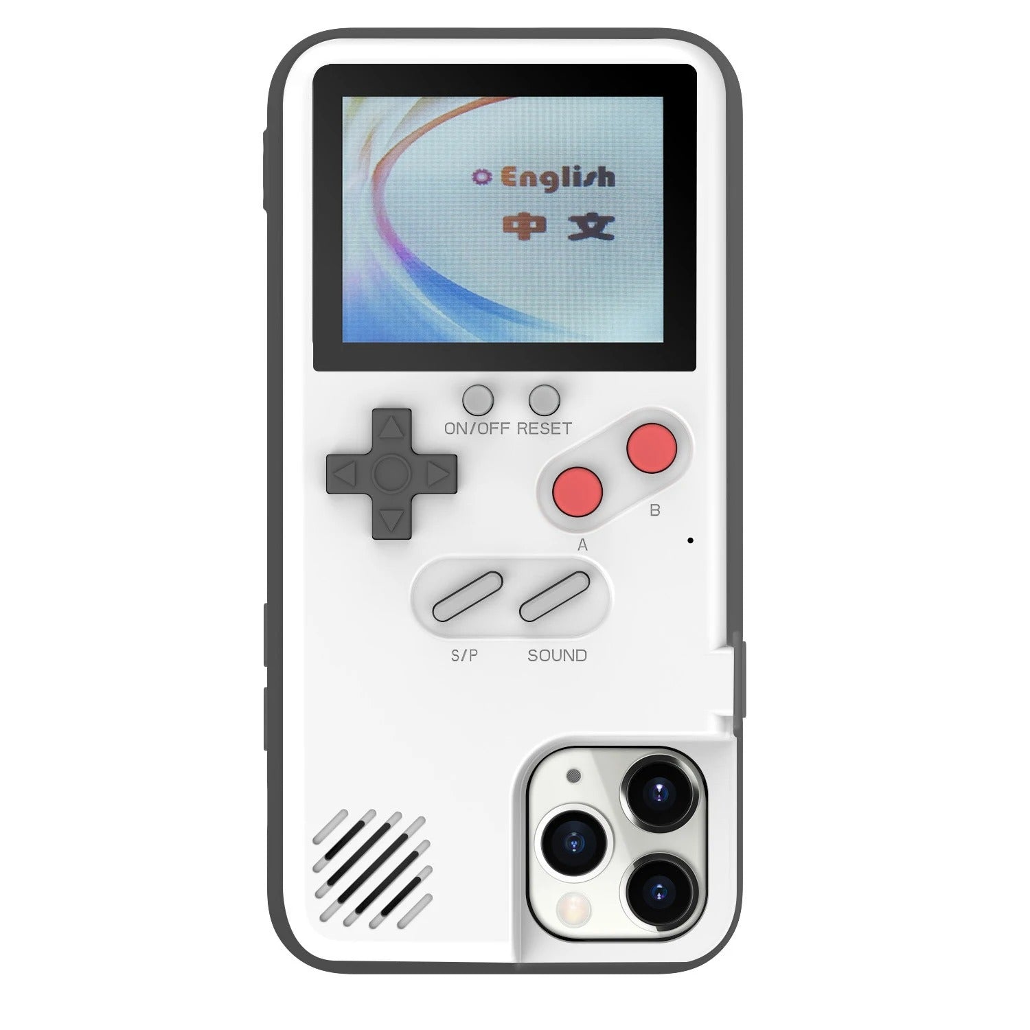 Phone case designed like a classic handheld gaming console with a screen and control buttons on a white background.
