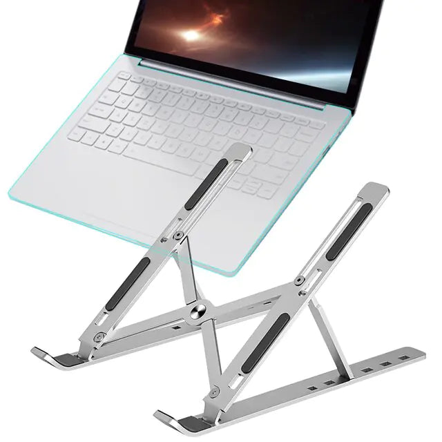 Laptop on a adjustable stand with a white background