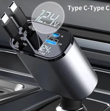 Car charger with digital display and multiple ports on a car dashboard background