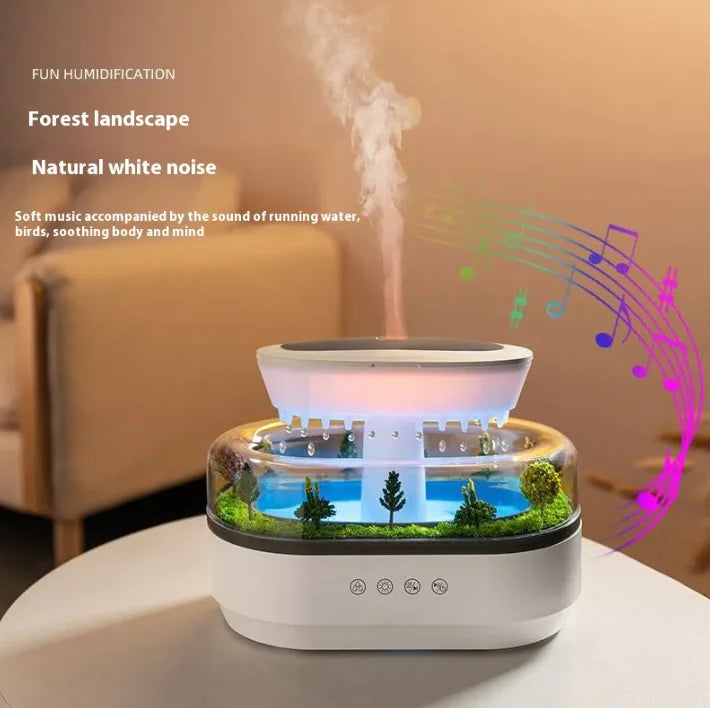 Humidifier with forest landscape display on a table, emitting mist with musical notes indicating sound features.