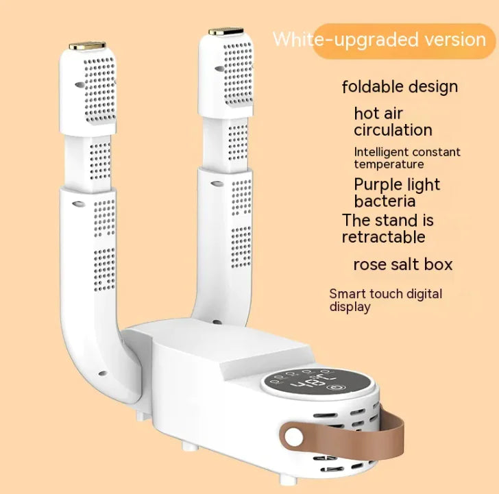 White hair dryer with features listed on a beige background