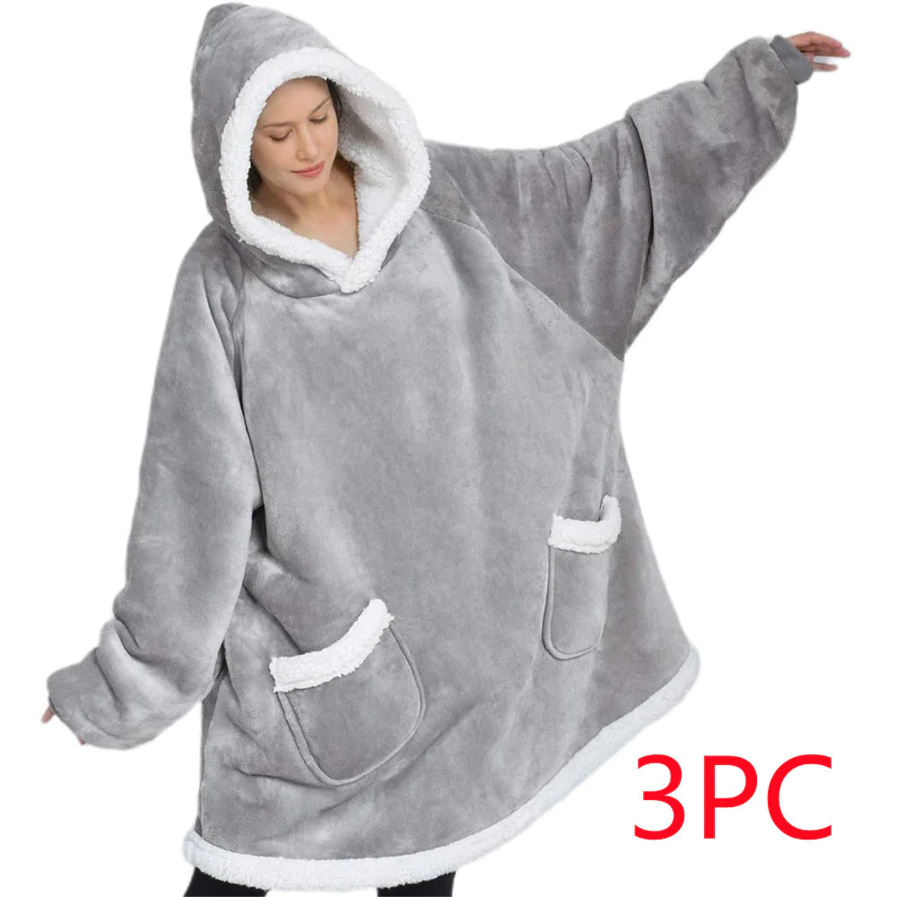 Gray hooded poncho with white trim worn by a person on a white background, with '3PC' text in red.