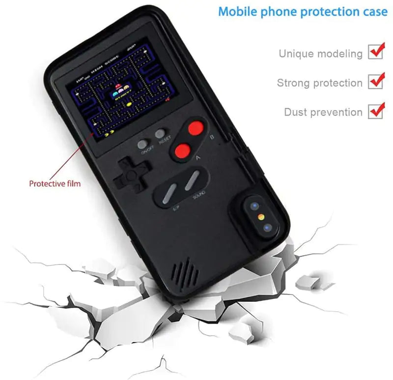 Phone case with retro gaming design, showing screen and buttons, on a white background.