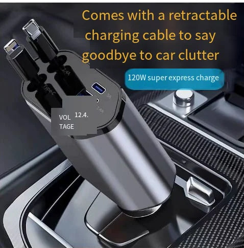 Car charger with retractable cable in a car's USB port, emphasizing convenience and efficiency.