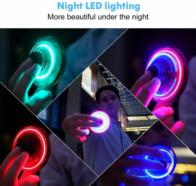 Finger spinner with LED lighting in various colors, shown in different settings.