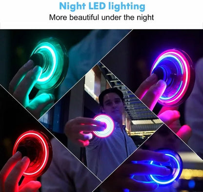Finger spinner with LED lighting in various colors, shown in different settings.