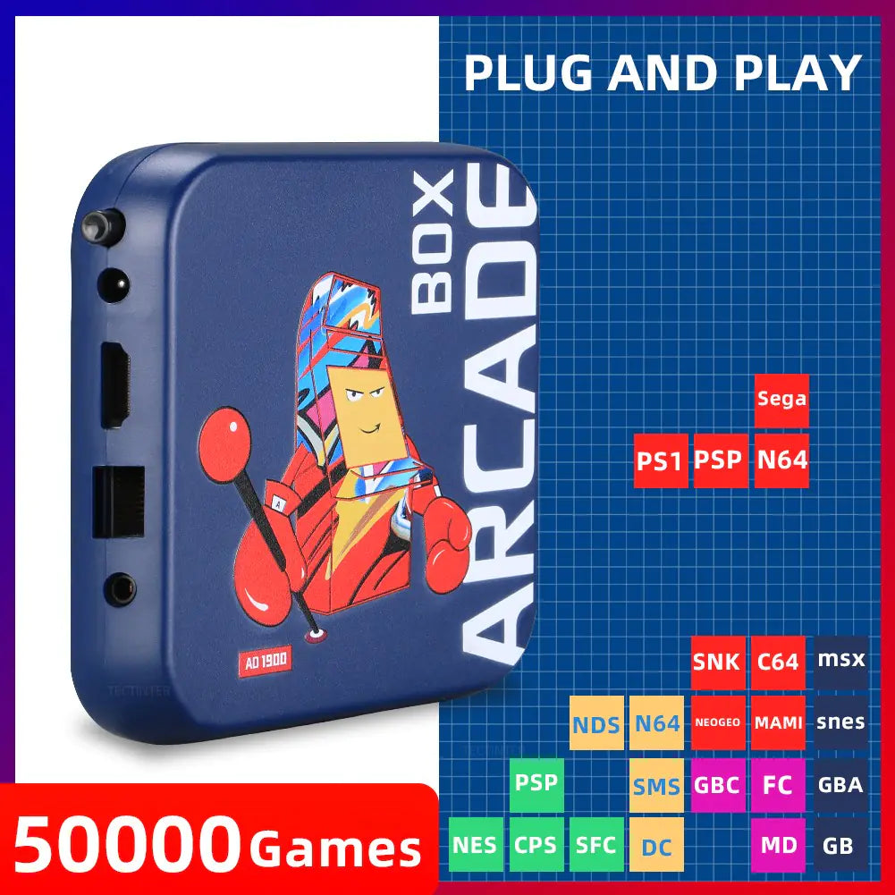 Box Arcade gaming console with cartoon character on a blue grid background