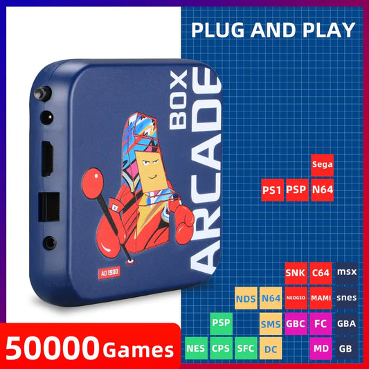 Box Arcade gaming console with cartoon character on a blue grid background