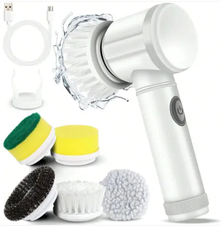 White handheld cleaning brush with various attachments on a white background