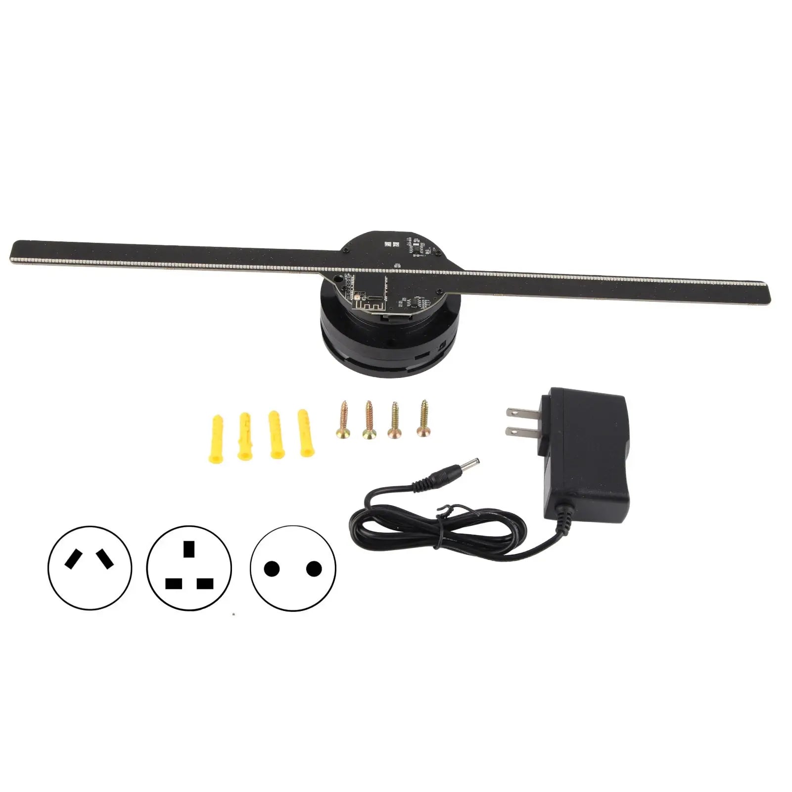 Electrical components including a long black bar, screws, a plug, and connectors on a white background.