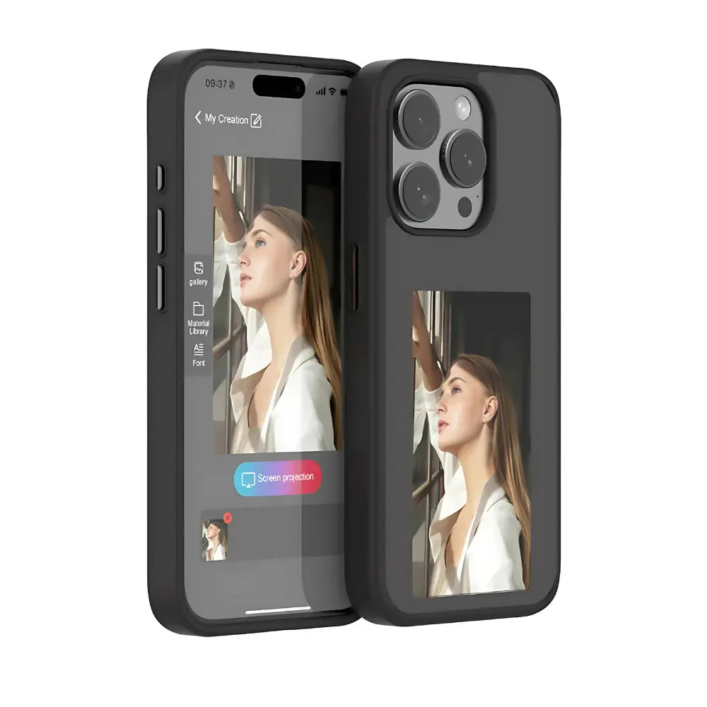 Black phone case with screen mirroring feature displayed on a white background