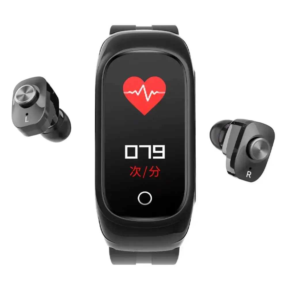 Smartwatch with heart rate monitor and wireless earbuds on a white background