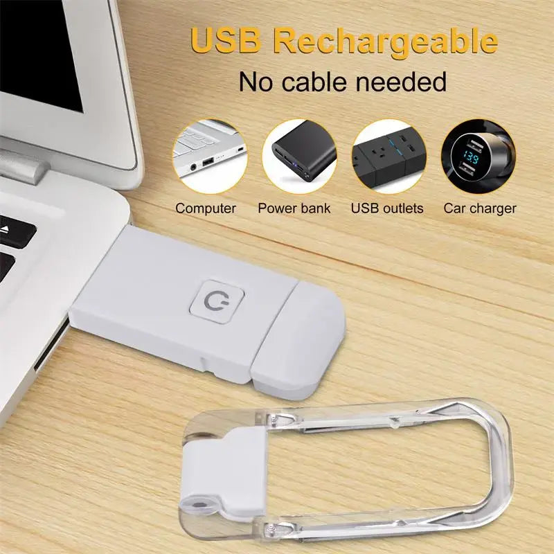 USB rechargeable device with carabiner on a wooden surface, showing compatibility with computer, power bank, USB outlets, and car charger.