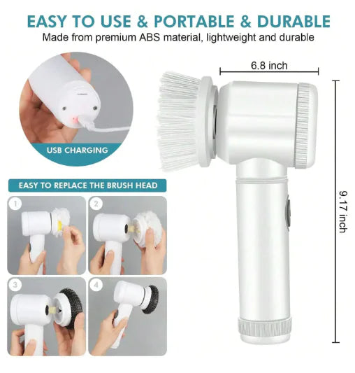 White handheld cleaning brush with USB charging feature, shown with measurements and assembly instructions.