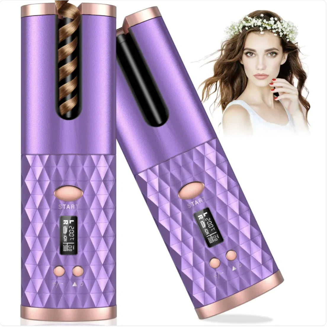 Purple hair straightener with geometric pattern and woman with styled hair in the background