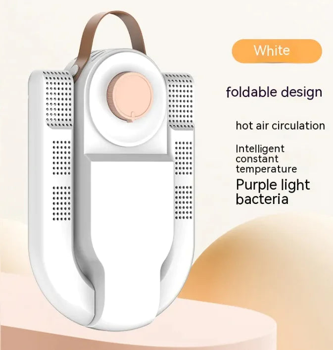 Foldable air circulation device with white and brown design on a beige background