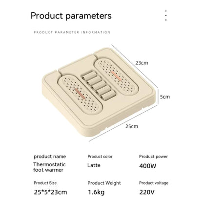 Thermostatic foot warmer with dimensions and specifications on a white background