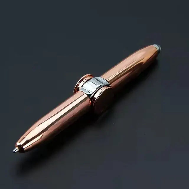 Rose gold pen with silver accents on a dark background