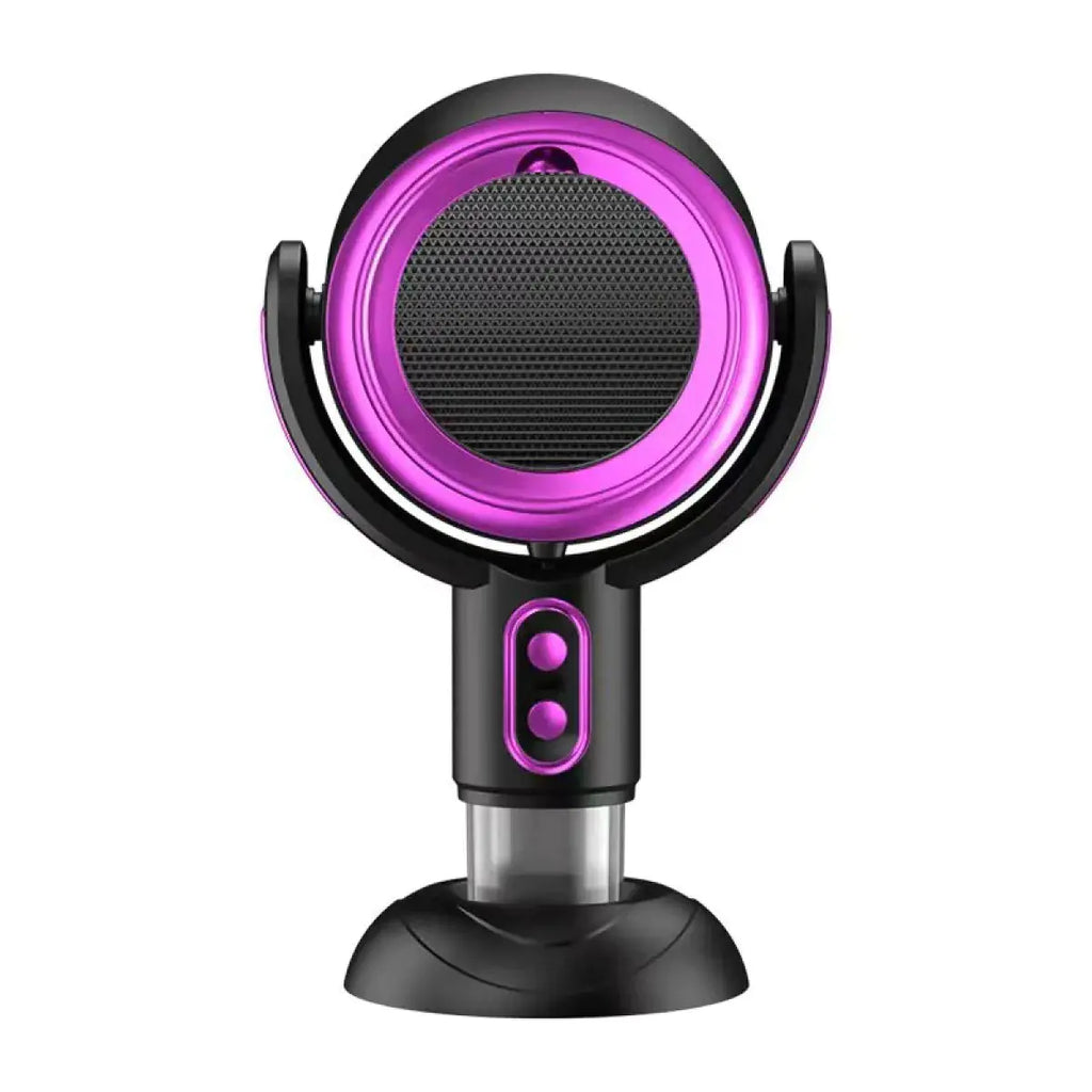 Black and purple microphone on a white background