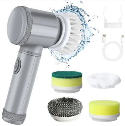 Cleaning tool with various attachments and water splashes on a white background