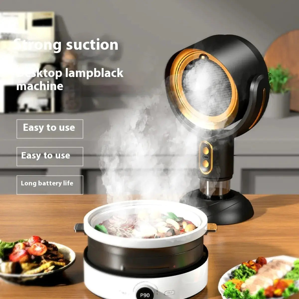 Top-down view of a kitchen setup with a lampblack machine, food, and a modern kitchen background.